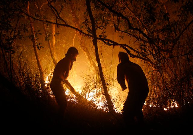MEMADAMKAN API. Warga berusaha memadamkan api di lahan gambut di Tanjung Batu, Ogan Ilir, Sumatera Selatan, 18 September. Foto oleh Adi Weda/EPA 