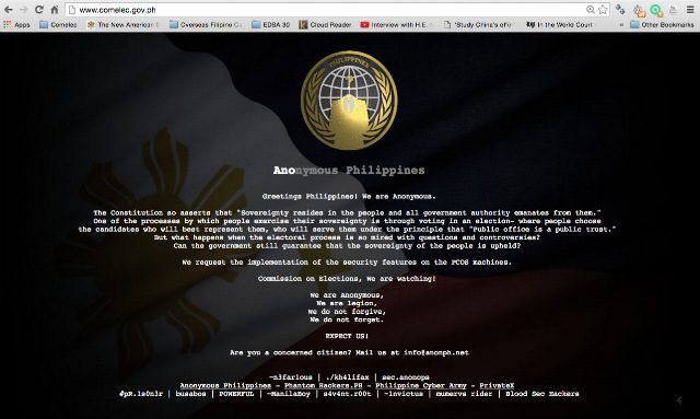 WEBSITE HACKED. The group Anonymous Philippines hacks the website of the Commission on Elections a month before the Philippines' 3rd automated polls. Screenshot from www.comelec.gov.ph 