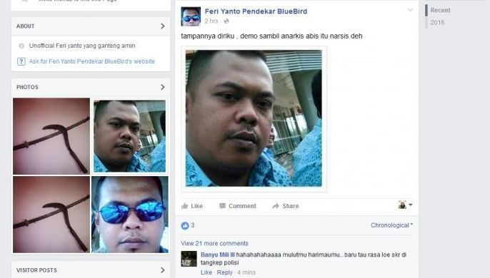 Feri Yanto, mantan sopir Blue Bird yang diduga memprovokasi demo taksi, pada 22 Maret 2016. Screen shot dari Facebook 