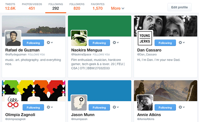 GRID. Following and followers are now displayed in a grid view, showing even the header photos of the users.