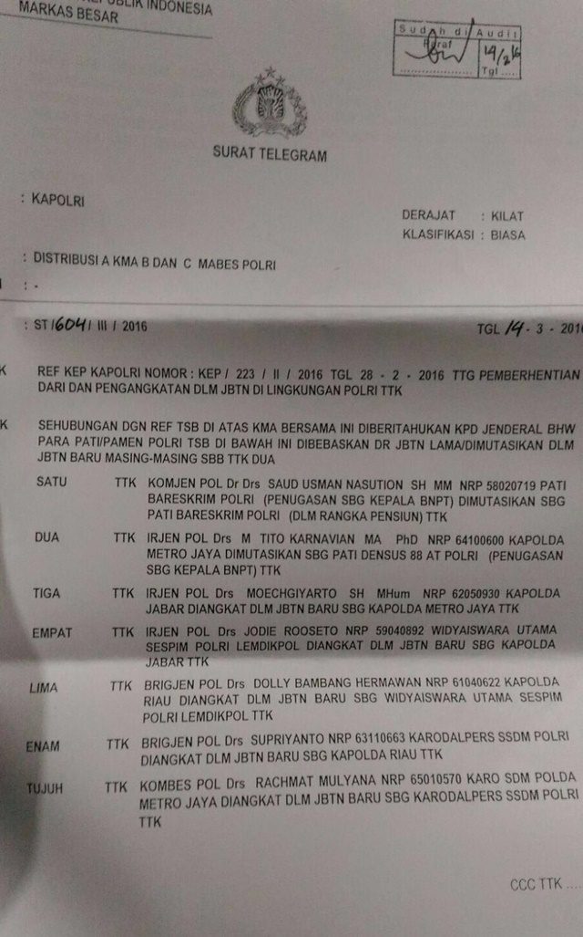 Telegram Rahasia (TR) berisi beberapa nama pejabat di lingkungan kepolisian yang dipromosikan atau diberi posisi baru. Salah satu yang akan dipromosikan adalah Tito Karnavian sebagai Kepala BNPT. Foto istimewa 