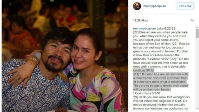 Pacquiao posts, then removes, scripture on gay couples ‘put to death’