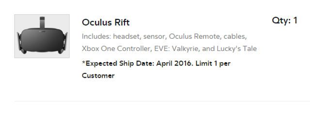 OCULUS RIFT SHIP DATE CHANGE. A few minutes after an earlier screenshot, the expected ship date changes to April 2016. 