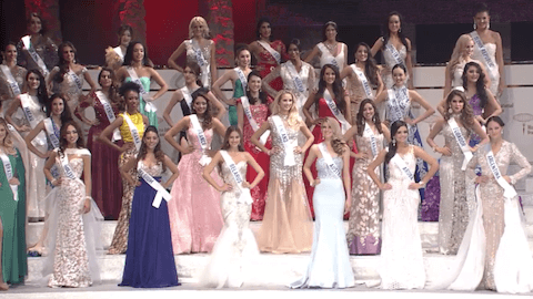 Miss Indonesia is seen with the other contestants in their evening gowns. 