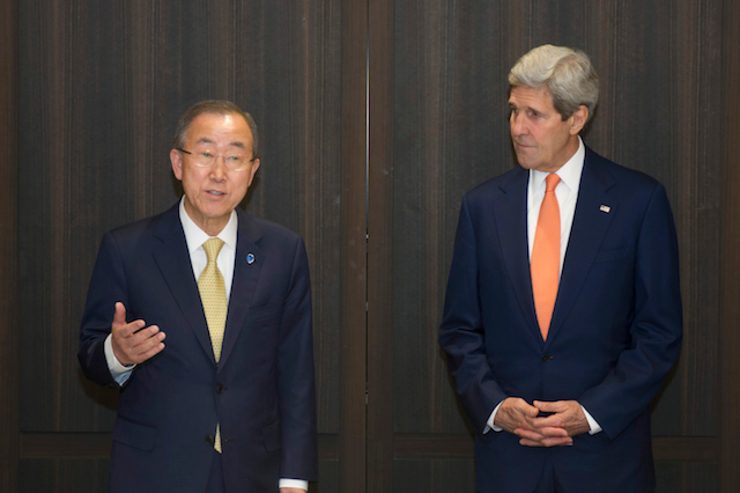 TOPIC: GAZA. Secretary-General Ban Ki-moon (left) speaks to the press after a meeting with John Kerry (right), Secretary of State of the United States of America, in Jersualem, 23 July 2014. Eskinder Debebe/UN Photo
