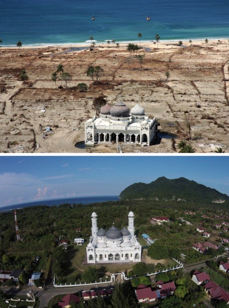 BEFORE AND AFTER. The image above of a partly damaged mosque in the Lampuuk coastal district of Banda Aceh taken on January 16, 2005. Almost 10 years later, the renovated mosque is surrounded by new houses and a rebuilt community. Photos by AFP  
