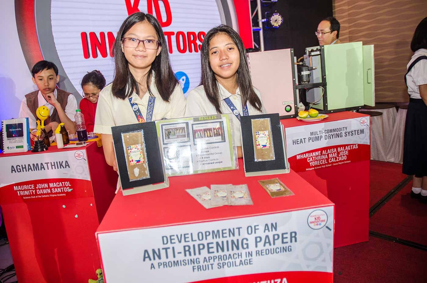 ANTI-RIPENING PAPER. This innovation by Malycka Roz C. Rentuza and Hannah Nicole Gaudiel from Philippine Science High School, Central Visayas Campus aims to help farmers by lessening wastage of agricultural produce due to spoilage by delaying the ripening process of fruits and vegetables. Photo by Rappler/Rob Reyes   
