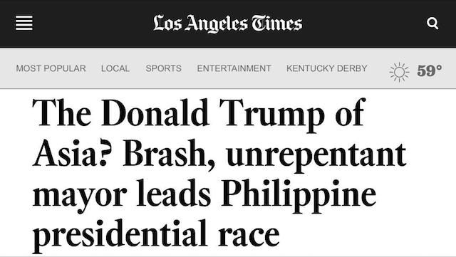 TRUMP SIMILARITIES. International news compares Rodrigo Duterte to Donald Trump. Screenshot from LA Times 