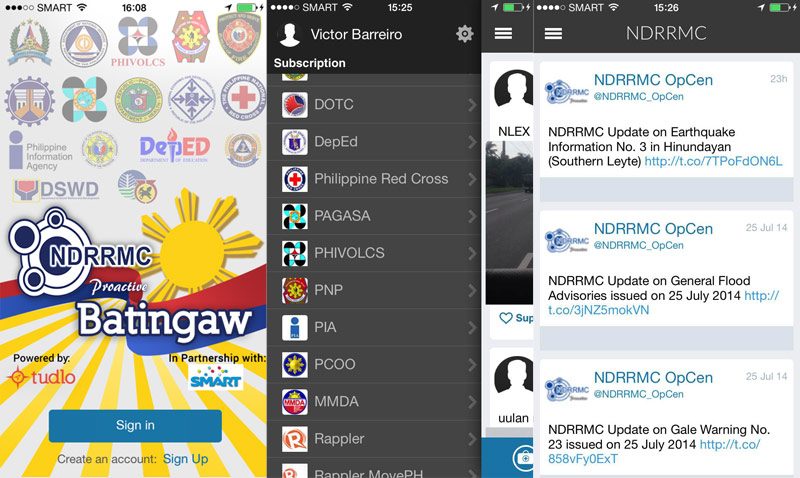 INFO AT A GLANCE. Batingaw's sign-in screen, list of subscribed accounts, and the NDRRMC feed. Screenshots from iPhone app.