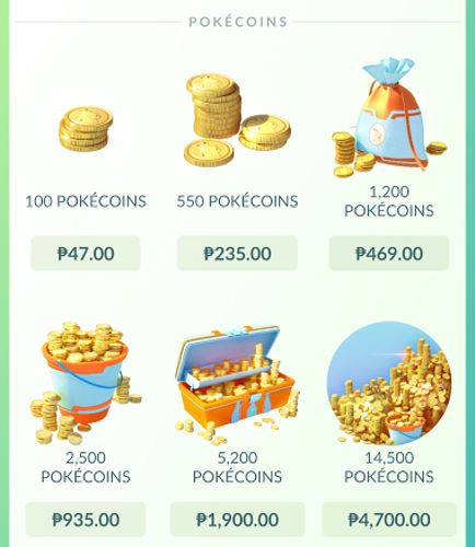 POKECOINS. The store page selling Pokecoins for Pokemon Go in the Philippines.  