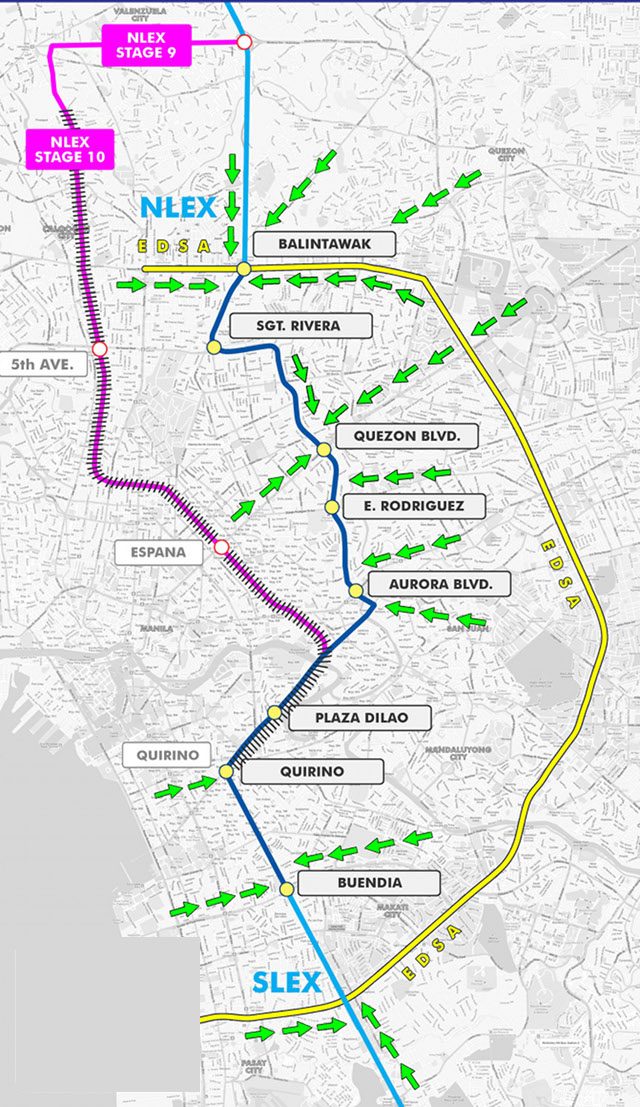 TWO CONNECTOR ROADS. Metro Pacific and San Miguel-Citra propose to build separate roads connecting NLEx and SLEx. MPIC's proposal is the pink line, while San Miguel-Citra's is the shorter, dark blue line. Illustration from the SMC-Citra group 