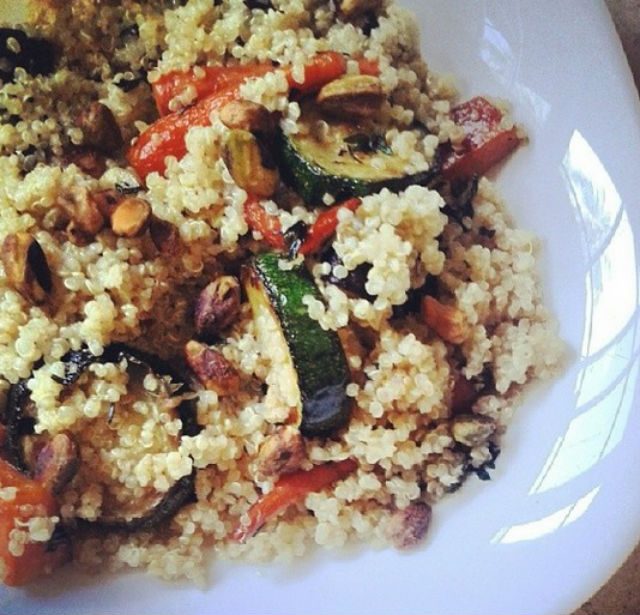 TRY MAKING THIS. Roasted zucchini, baby carrots, squash quinoa pilaf with pistachios. Photo by Erica Sarmiento
