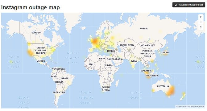 INSTAGRAM IS DOWN. A 4 pm outage map of Instagram. Image from DownDetector.com 