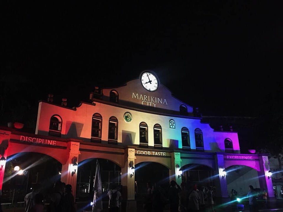 SYMBOLIC. Marikina's Cityhood Park monument lights up with rainbow colors for Pride Month 2019. Photo by MMPride  