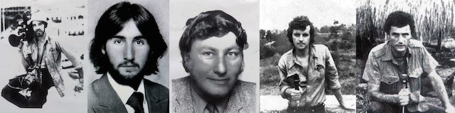 BALIBO FIVE. Composite image from undated copy photographs of Australian journalists (L-R): Brian Peters, Tony Stewart, Gary Cunningham, Malcolm Rennie and Greg Shackleton, who were killed while trying to capture images of Indonesian troops as they invaded Balibo, East Timor in 1975. Image by EPA
