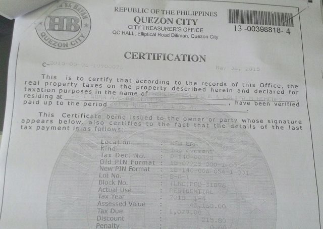 TAX RECORD. Certification from the Quezon City treasurer's office shows real property tax records for 36 Tandang Sora in the name of the Hemedez couple. Photo obtained by Rappler 