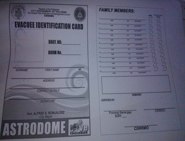 EVACUATION ID. This is a sample of an ID (printed in grayscale for now) to be distributed to families living near the coast to aid in evacuation before disaster strikes. Photo courtesy of Ildebrando Bernadas  