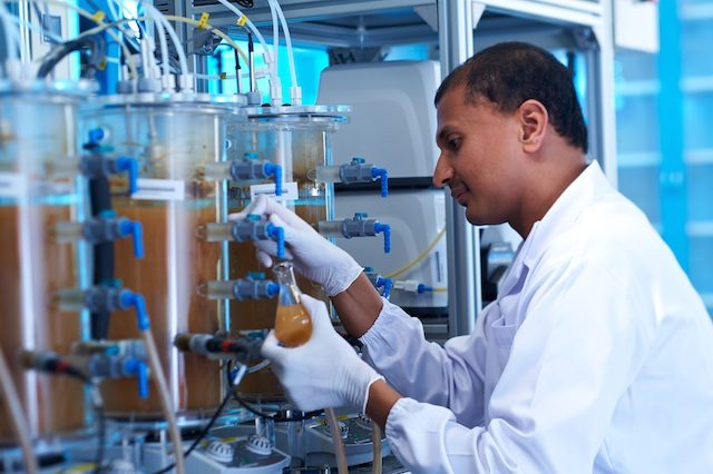 A SCELSE researcher works on biofilms in used water treatment in a laboratory scale bioreactor. The bioreactor replicates the conditions of a full scale plant, but allows for manipulation of operational parameters for experimental testing. Image courtesy SCELSE