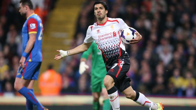 Liverpool's Luis Suarez celebrates scoring against Crystal Palace in May. Photo by Kieran Galvin/EPA