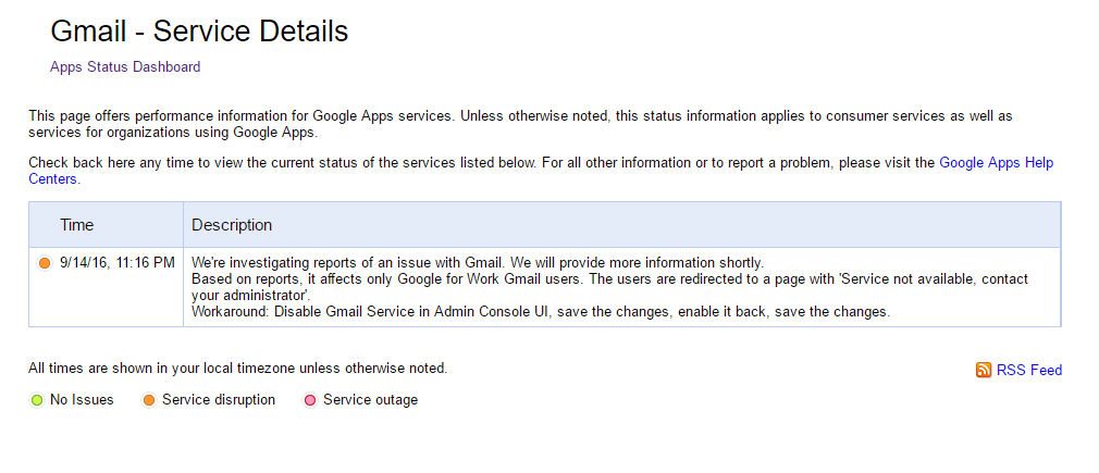 GMAIL DOWN. Screen shot from Google Dashboard. 