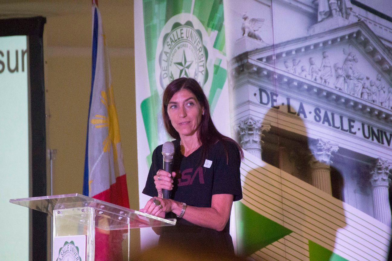 SPEECH. Biological oceanographer Dr Paula Bontempi delivers her remarks at the event She is the acting deputy director of the Earth Science Mission, NASA's Science Mission Directorate and the current leader of the Space Apps global organizing team. Photo from DLSU 