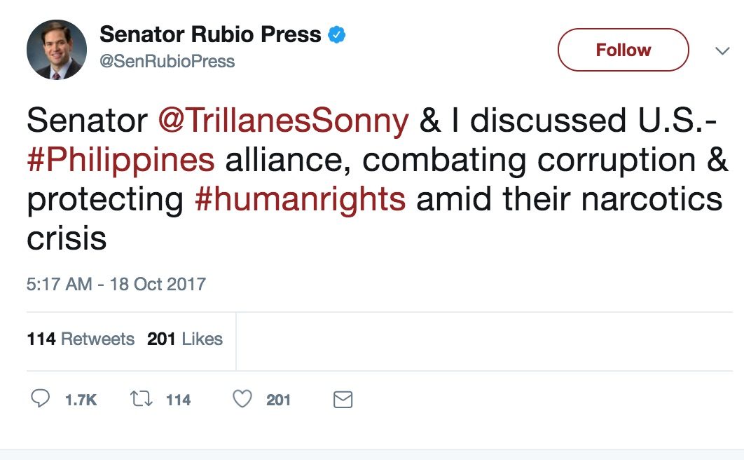 Screenshot of Senator Rubio's tweet 
