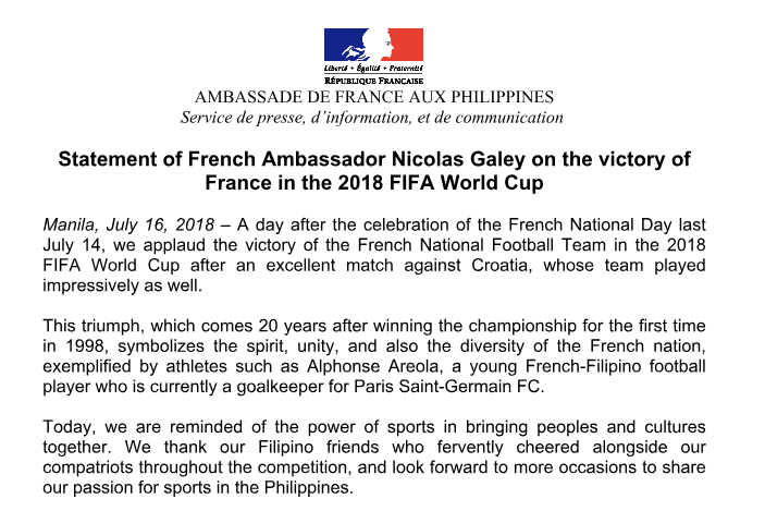 Official Statement of French Ambassador Nicolas Galey on the victory of France in the 2018 FIFA World Cup 