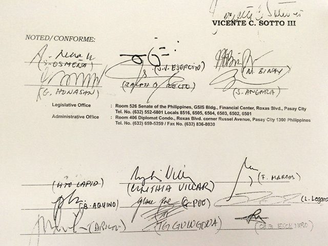 Signature of 16 senators on Sotto's letter to the Sandiganbayan 