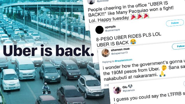 ‘Uber is back:’  Netizens celebrate as LTFRB lifts suspension
