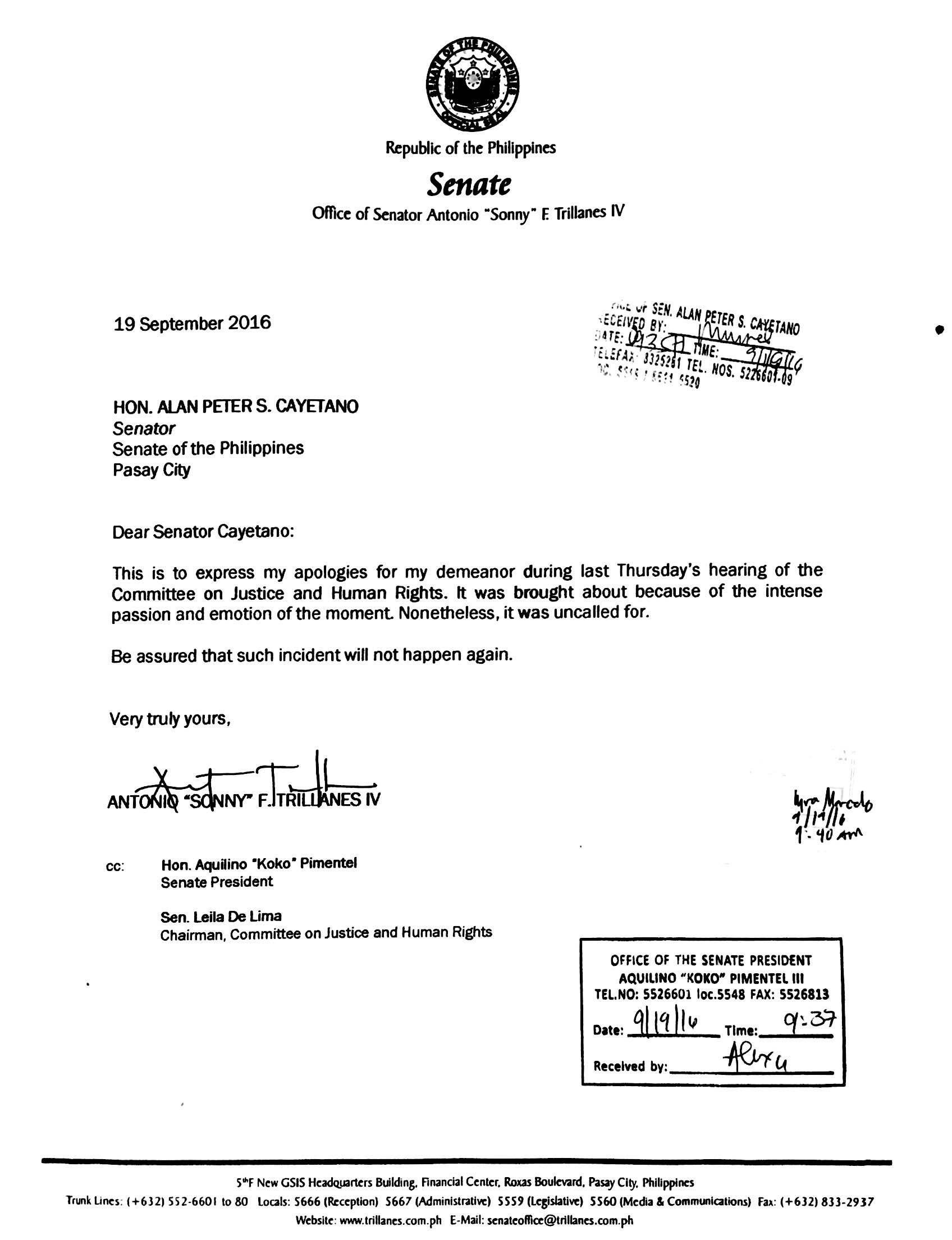 APOLOGY. Senator Trillanes' apology letter addressed to Senator Cayetano. 