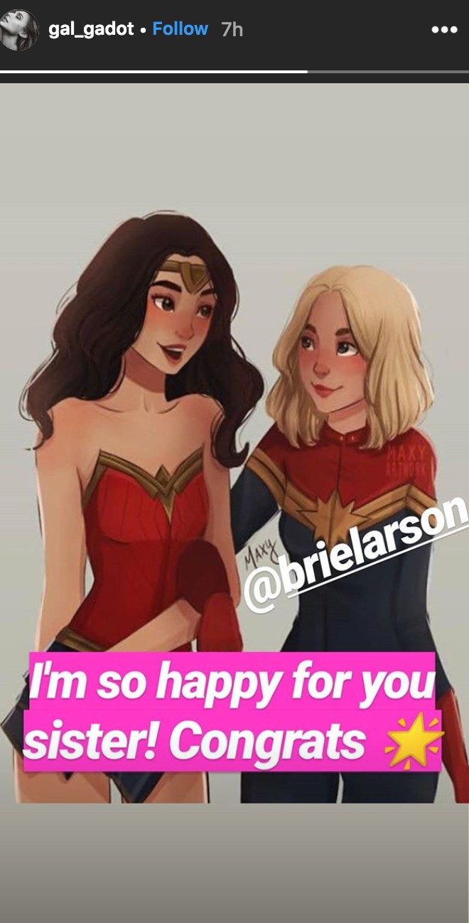 'SISTERS.' Gal Gadot reshares fan art featuring the two female superheroes as fans pit them against each other. Screenshot from Gal Gadot's Instagram 