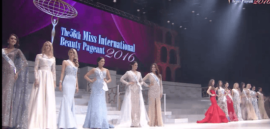 Lima belas finalis Miss Internatonal 2016. Mereka berasal dari Nikaragua, Indonesia, Finlanida, Meksiko, AS, Jepang, El Salvador, Kanada, Republik Dominika, Argentina, Filipina, Australia, Rusia, Thailand dan Polandia. 