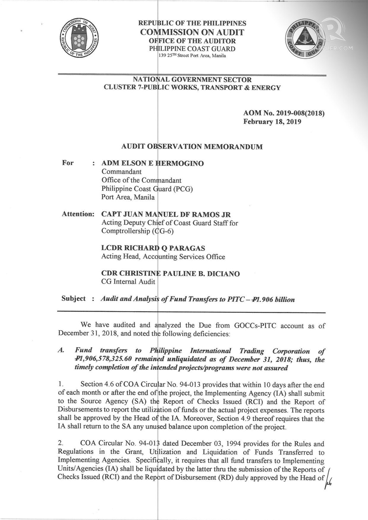Page 1 of AOM No. 2019-008(2018) of the Philippine Coast Guard involving P1.91 billion 