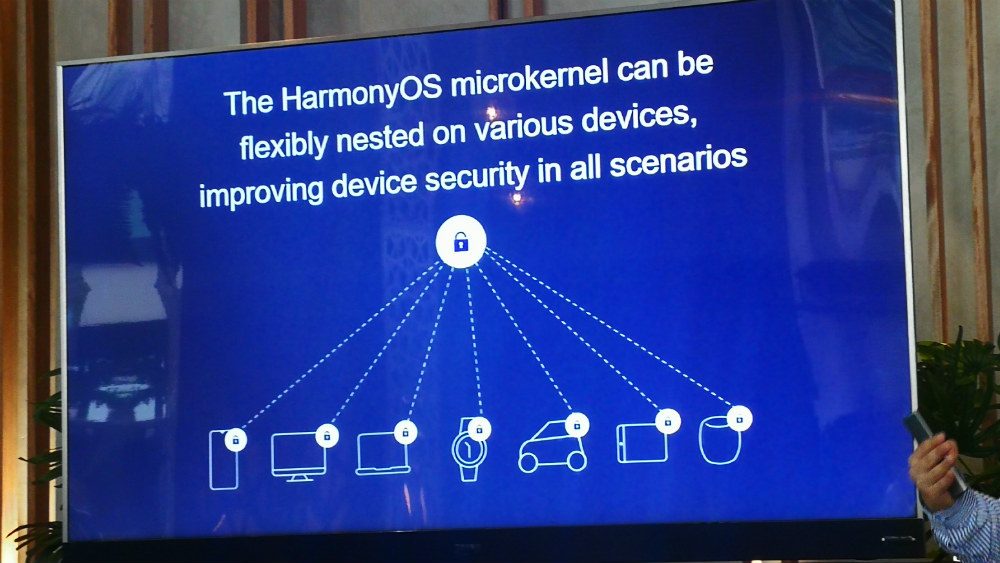 ENHANCED SECURITY. A slide shows how one of the key features is its across-the-board security for the devices that HarmonyOS is able to support. Photo by Gelo Gonzales/Rappler 
