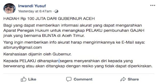 IRWANDI. Gubernur Aceh Irwandi Yusuf turut menggelar sayembara. Foto Facebook Irwandi Yusuf 