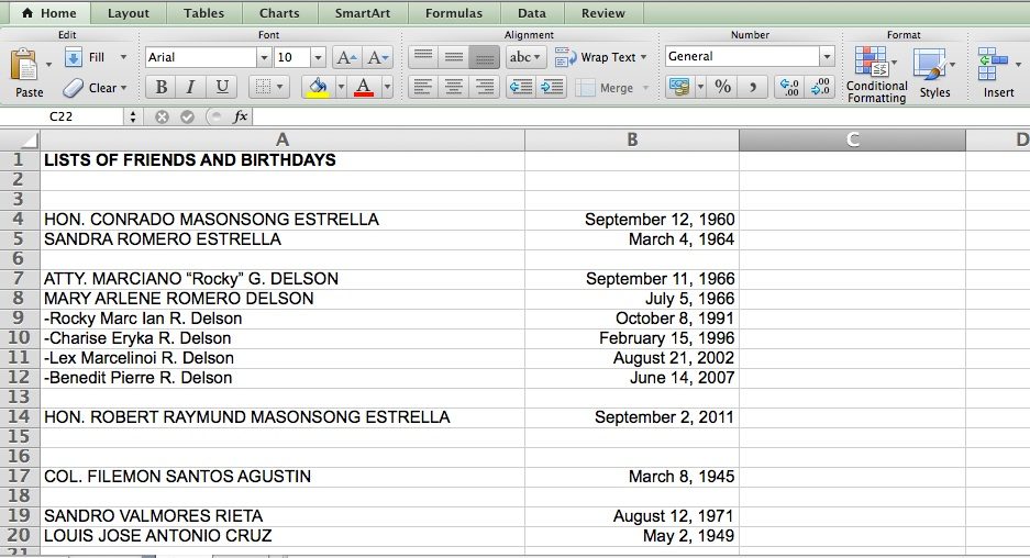 NAPOLES FRIENDS? Luy's records include an Excel file supposedly listing the birthdays of Napoles friends, including members of the House of Representatives. Screenshot from Luy files