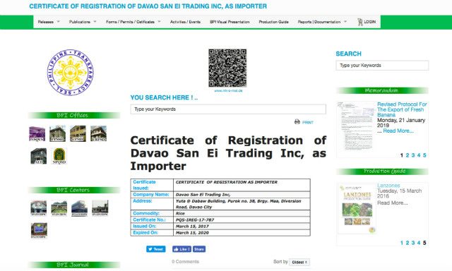 CERTIFICATE. The certificate for Davao San-Ei Trading Inc. Screenshot by PCIJ 