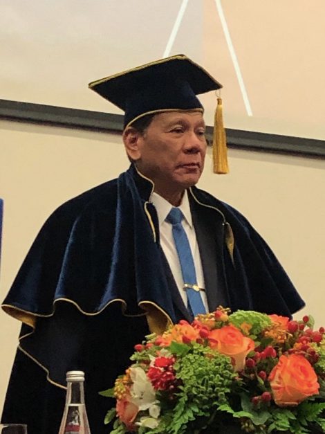 PHILIPPINE CHIEF. President Rodrigo Duterte stands before MGIMO students and faculty members on October 5, 2019. Photo from Secretary Teddy Locsin's Twitter page  