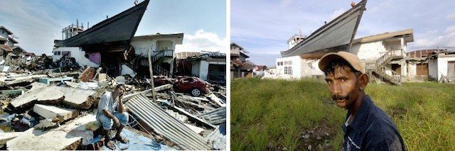 This combo photo shows how much changed between January 1, 2005 (L) and December 2005 (R) in this area of Banda Aceh.