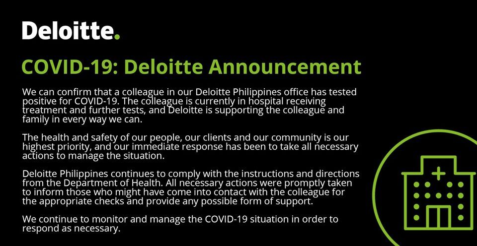 Deloitte Philippines confirms employee tested positive for coronavirus