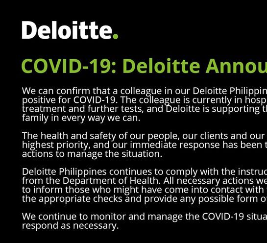 Deloitte Philippines confirms employee tested positive for coronavirus