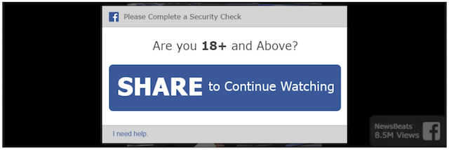 Screenshot of prompt for online users to log in to Facebook to continue watching the video 