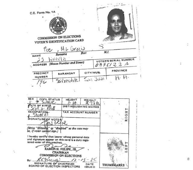 LEGAL. Grace Poe has obtained her voter's ID (photographed above) when she turned 18. Photo from Office of Sen. Grace Poe 