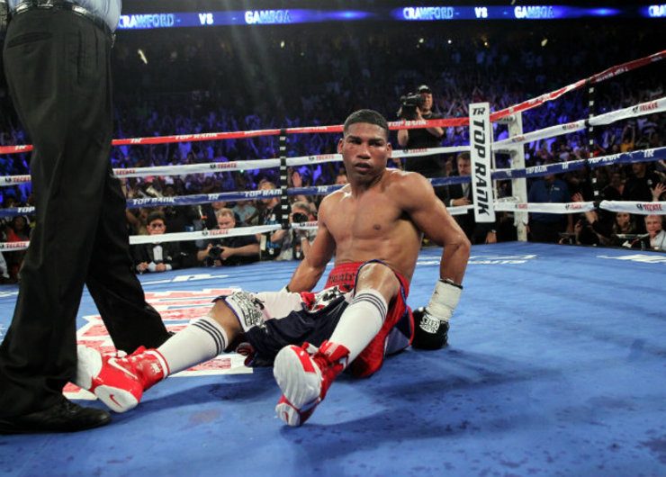 Yuriorkis Gamboa looks dejected after being knocked down. Photo by Chris Farina/Top Rank