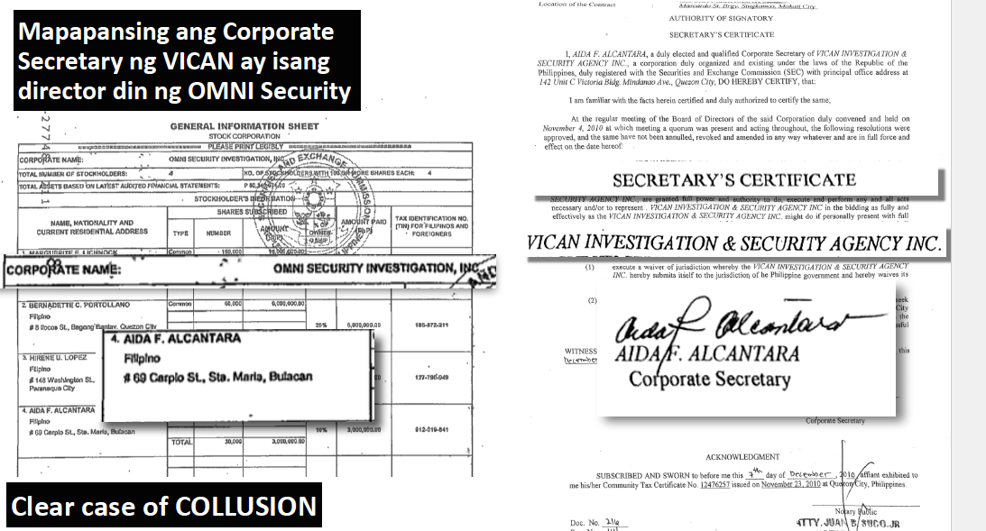 SAME OFFICER? Lazo says Omni Security and its supposed competitor in the bidding Vican had the same officer, Aida Alcantara. Slide from Lazo's Powerpoint presentation 