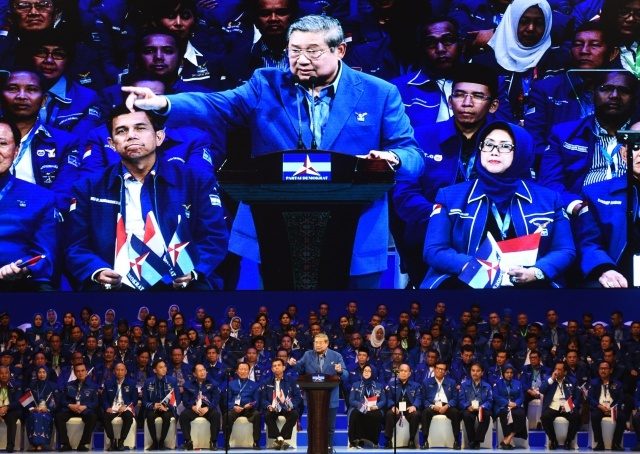 HUT NATAL.  Susilo Bambang Yudhoyono, Ketua Umum Partai Demokrat, menyampaikan pidato politik pada peringatan 15 tahun Partai Demokrat dan pembukaan Rampimnas 2017 di Jakarta, Selasa, 7 Februari.  Foto oleh Akbar Nugroho Gumay/ANTARA 