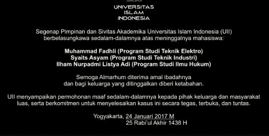 Penyataan maaf dari Universitas Islam Indonesia yang dirilis melalui akun twitter mereka, Selasa (24/1). Foto diambil dari @UIIYogyakarta/Twitter 