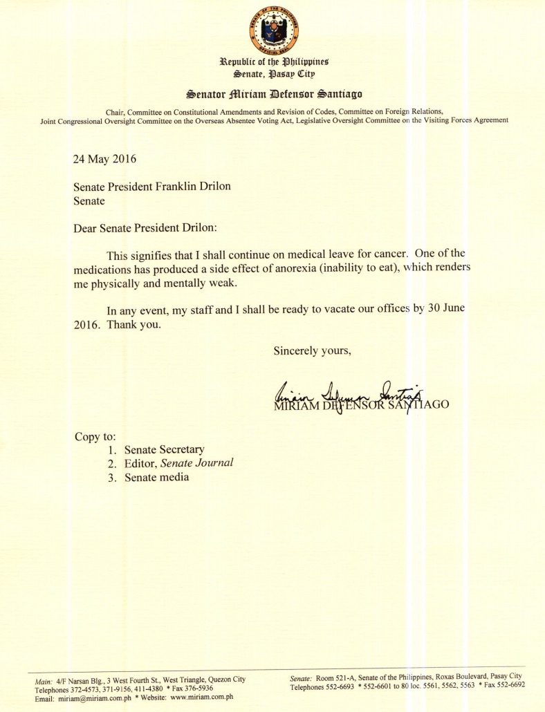 LETTER. Santiago's letter to Senate President Franklin Drilon. 