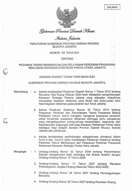 Peraturan Gubernur tentang Reklamasi Pantai Utara Jakarta 