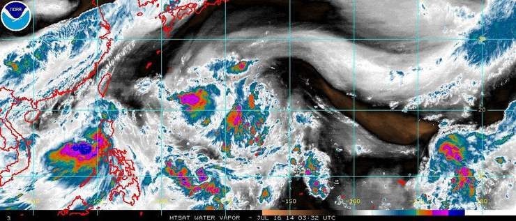WEST PACIFIC WEATHER. Water Vapor (IR3) MTSAT imagery of the tropical Western Pacific Ocean. Typhoon Glenda (Rammasun) is just west of Luzon, while System 93W is a bit to the east of Mindanao. Image as of July 16, 2014, 3:32 UTC. Image courtesy NOAA